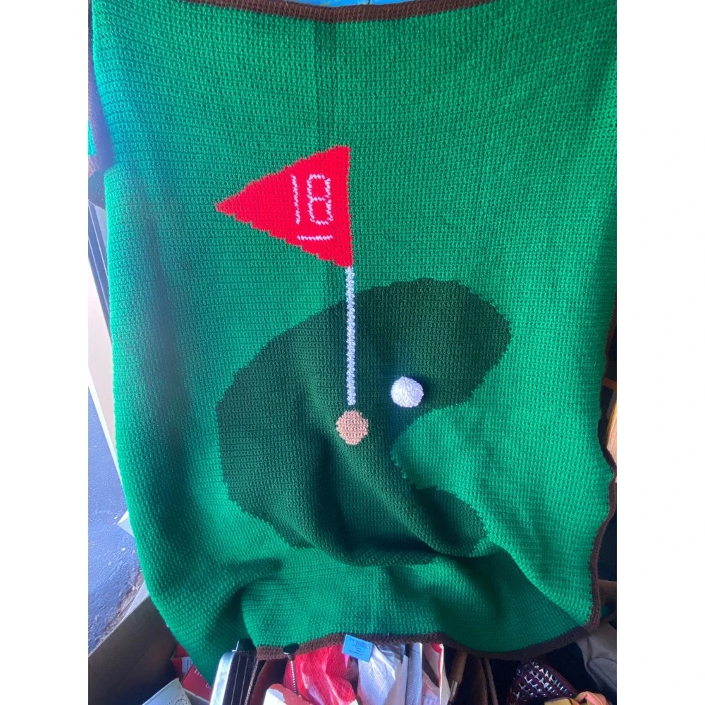 Vintage Handmade Crochet Golf Blanket 18th Hole Green Red Flag Afghan‎ Throw